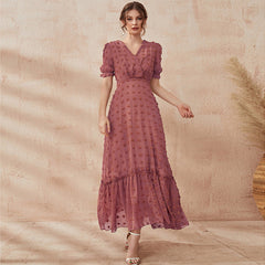 V neck Puff Short Sleeve High Waist Solid Color Dress