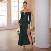 Vestido de cóctel de color liso con lentejuelas, cintura alta, cuello descubierto, vestido de noche de color liso