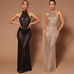 Backless Nightclub Party Formal Dress Rhinestone Sequined Transparent Dress
