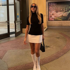 Personality Stitching Contrast Color Half Turtleneck Half Sleeve Skinny Sheath Dress