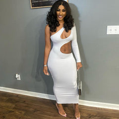 One Shoulder Diagonal Collar Long Sleeve Dress Fall Cutout Maxi Dress