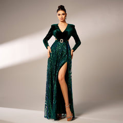 Long Sleeved V neck Sequined Split D Large Swing Evening Dress Bridesmaid
