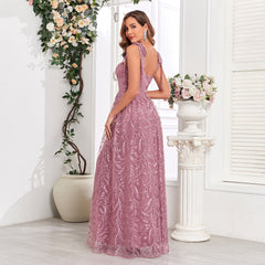 Vestido de noche para fiesta con escote en V atado, espalda en U, cremallera y dobladillo en A grande, forro completo