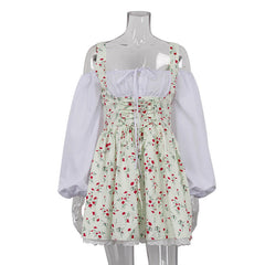 Bubble Sleeve Strap Tube Top Faux Two Piece French Dress Floral Cami Dress