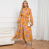 Slim Fit Elegant Lantern Sleeve StUp Collar Lace Floral Midi Dress