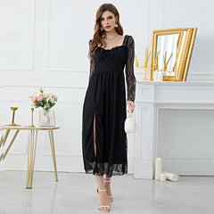 Lace Square Collar High Slit Dress
