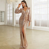 Elegant Deep V Plunge Neck Sequ Cocktail Sheath Mid Length Small Trailing Evening