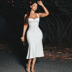 Elegant Strap Solid Color Fishtail Dress Sleeveless off Neck Length Dress