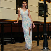 Sleeveless Elegant Slit Long Sequined V neck Cocktail Evening Dress Bridesmaid
