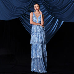 Vestido de noche elegante sin mangas con escote en V y lentejuelas para cóctel y dama de honor