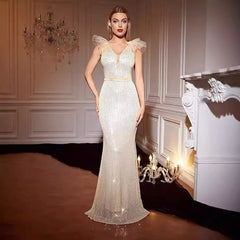 Sequin Model Ladies Cocktail Elegant V Neck Long Dinner Fishtail Dress