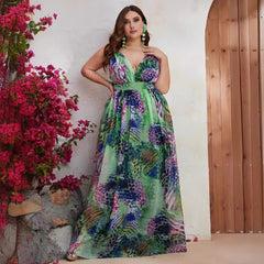 Plus Size Chiffon Spaghetti Straps Sleeveless Maxi Dress Printed V neck Vacation Dress