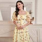 Elegant Mesh Square Collar Puff Sleeve High Waist Dress