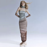 Design Contrast Color Oversleeve Collar Chest Wrapped Dress Thin See through off the Shoulder Pleated Hip