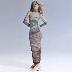 Design Contrast Color Oversleeve Collar Chest Wrapped Dress Thin See through off the Shoulder Pleated Hip
