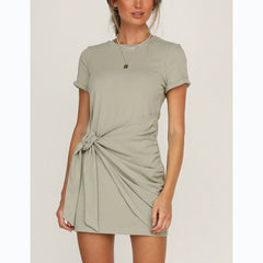 Vestido de manga corta con encaje, color liso y dobladillo bajo, estilo Casual Trends