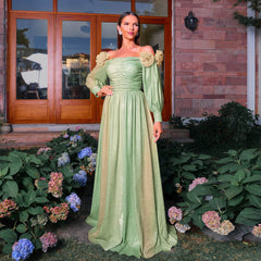 Long Sleeve Elegant Boat Neck Waist Beach Vacation Long Bohemian Large Swing