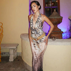 Printed Backless Slim Fit Lace up Dress