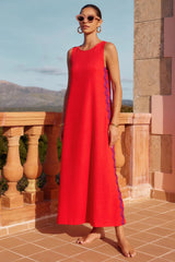 Vestido informal de cuello redondo con costuras de encaje de color liso y largo medio