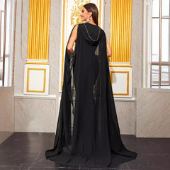 Prom Evening Dress V Neck Off Shoulder Hooded Cape Dress Including Belt