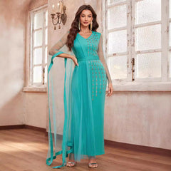 V neck Long Sleeved Dress Rhinestone Mesh Stitching Cocktail Evening Dress