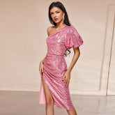 Vestido de fiesta de graduación con lentejuelas, mangas abullonadas, largo medio, un hombro descubierto