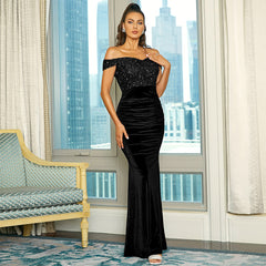 Vestido de noche elegante de talle alto sin mangas con lentejuelas color tostado