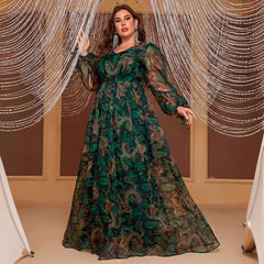 Plus Size Chiffon Maxi Dress Long Sleeve Elegant Random Print Maxi Dress for