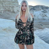 Pattern Print Long Sleeve Tether Halter Pleated Dress