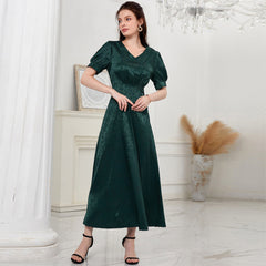 Vestido casual de cintura alta con cuello en V y mangas abullonadas en color liso