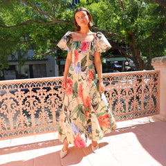 Chiffonkleid mit Blumenmuster, schulterfrei, Strandkleid, Maxikleid für den Strandurlaub am Meer
