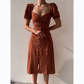V-neck Single-Breasted Elegant Midi Dress