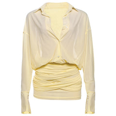 Elegant Collared Slim Fit Sheath Lace up Shirt Dress Short