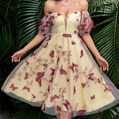 Kleid aus Mesh mit Schmetterlingsstickerei, schulterfrei, Cocktailkleid, Abendkleid