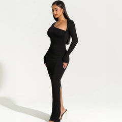 Slim Fit Slimming Long Sleeves Diagonal Collar Back Slit Dress