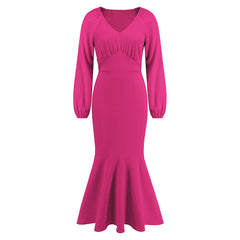 Langes Meerjungfrauenkleid mit V-Ausschnitt, langen Ärmeln und taillierter Passform