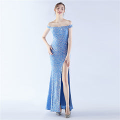 Velvet Bottom Handmade Sequin Cocktail Celebration Etiquette off Neck Evening Dress