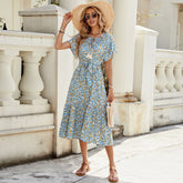 V neck Short Sleeve Hollow Out Cutout Lace Stitching Flounced Pastoral Vacation Dress