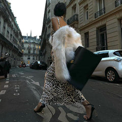 Leopard Print Satin V neck Strap Backless Dress Slim Fit Maxi Dress