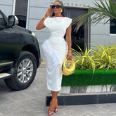 Short Sleeve Solid Color Pleating Frayed Hem Slim Fit Mid Length Dress