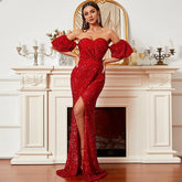 Dress Short Sleeved Elegant Long Sequined off Neck Backless Cocktail Evening Dress Bridesmaid Dress