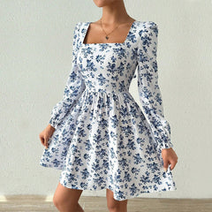 French Square Collar Elegant Dress  High Waist Backless Lace up Floral
