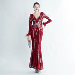 Positioning Floral Sequin Craft Ostrich Feather High End Long Sleeved Evening Dress