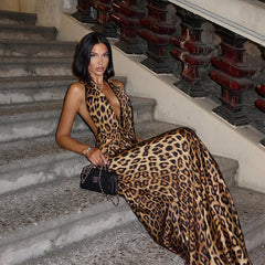 V neck Halter Bare Back Leopard Print Dress Slim Elegant Dress