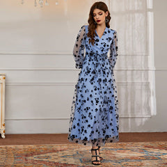 Vestido largo informal de encaje con cuello en V, manga larga y cintura alta con estampado floral