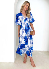 V-Ausschnitt, französischer Print, Puffärmel, lässiger Urlaubslook