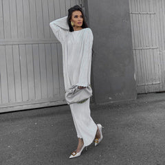 Dress Pleated round Neck Long Sleeve Solid Color Loose Maxi Dress Slimming Casual