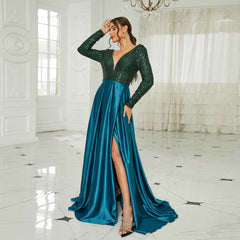 Elegantes, langärmeliges Paillettenkleid mit tiefem V-Ausschnitt, perfekt für festliche Anlässe, Abendveranstaltungen oder als Brautjungfernkleid