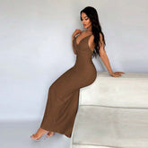V neck Sleeveless Dress High Waist Pullover Sheath Dress for