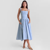 Pastoral Mid Length Blue Plaid Sling Dress High Sense Vacation Dress
